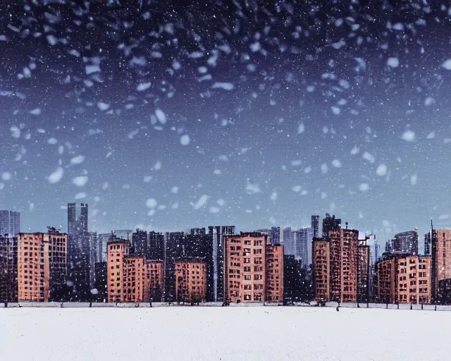 Image similar to a snow covered field with buildings in the background, a matte painting by zlatyu boyadzhiev, featured on unsplash, brutalism, nightscape, quantum wavetracing, photo taken with ektachrome