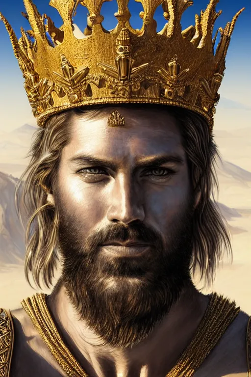 Image similar to Hyper-realistic Portrait of the King of the Desert, Warrior Man, Gold Armour and Crown, Sword, handsome attractive face, beautiful face, photo realistic, highly detailed, dramatic lighting, majestic, trending on artstation, elegant, intricate, highly detailed, digital painting, concept art, sharp focus, illustration, art by artgerm and greg rutkowski and alphonse mucha