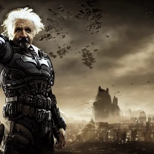 Image similar to 'Albert Einstein'! as (Batman) in Gears of War, splash art, movie still, detailed face, cinematic lighting, dramatic, octane render, long lens, shallow depth of field, bokeh, anamorphic lens flare, 8k, hyper detailed, 35mm film grain