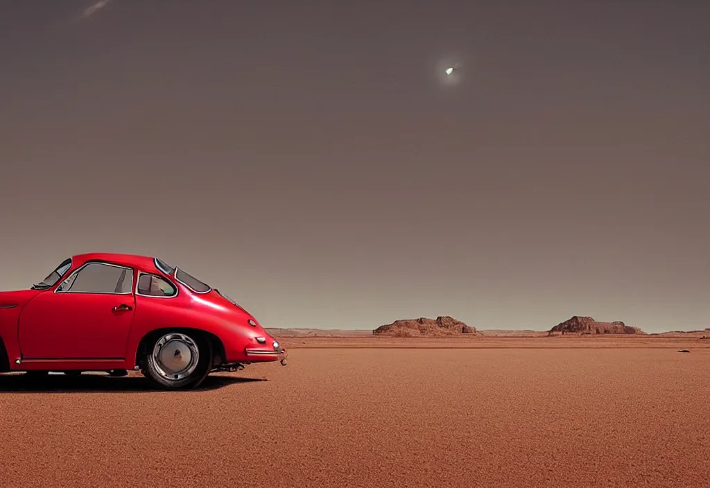 Image similar to “a singular red porsche 356 is parked in the middle of the desert, a matte painting by Scarlett Hooft Graafland, featured on unsplash, australian tonalism, anamorphic lens flare, cinematic lighting, rendered in unreal engine”