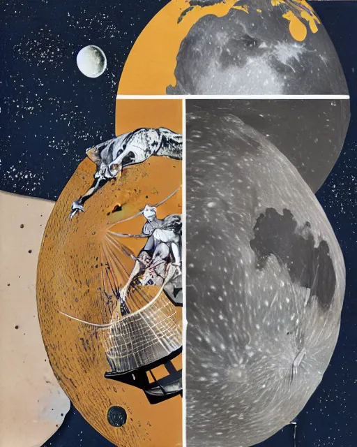 Image similar to A collage, made of random shapes cut from fashion magazines, of Space Travel, landing on the moon, mid-century modern.