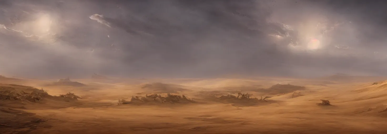Image similar to A desertic landscape with dune and sandstorm by paul chadeisson and aaron westwood, cinematic lighting, extremely detailed, ultra realistic, trending on artstation, 8K