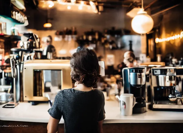 Image similar to a 2 8 mm macro photo from the back of a woman standing at the espresso machine in a cozy cafe, splash art, movie still, bokeh, canon 5 0 mm, cinematic lighting, dramatic, film, photography, golden hour, depth of field, award - winning, anamorphic lens flare, 8 k, hyper detailed, 3 5 mm film grain, hazy