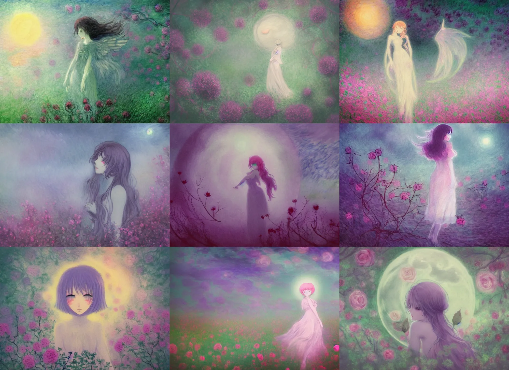 Prompt: gloomy eerie retro anime girl, glowing angelic being, crescent moon with swirling clouds, foggy, thorns brambles roses, impressionist painting, claude monet, pale pastel colours, dreamy hazy