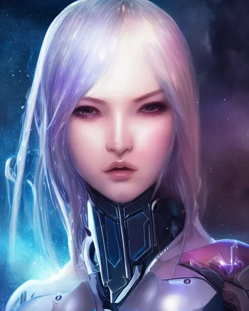 Image similar to perfect android girl on a mothership, warframe armor, beautiful face, scifi, futuristic, galaxy, nebula, bae suzy, dreamy, long white hair!!!, blue cyborg eyes, sharp focus, cinematic lighting, highly detailed, artstation, divine, by gauthier leblanc, kazuya takahashi, huifeng huang