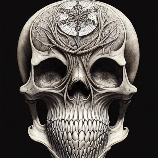 Image similar to memento mori by arthur rackham, art forms of nature by ernst haeckel, photorealistic, hyperdetailed, octane render, art nouveau, gothic, ornately carved beautiful skull mask dominant, intricately carved ornamental antique bone, art nouveau botanicals, art forms of nature by ernst haeckel, horizontal symmetry, symbolist, visionary