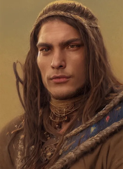 Prompt: a young shaman in his twenties with long light brown hair tied back, a large forehead, a widows peak and a round face with high cheekbones as a realistic d & d fantasy character, portrait art by donato giancola and greg rutkowski, vintage retro, realistic face, digital art, trending on artstation