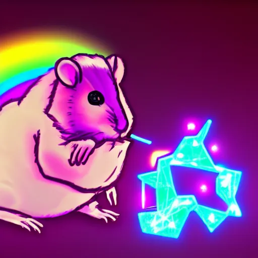 Image similar to cyberpunk hamster holding rainbow gem crystal, neon lights, light reflection, 8 k, hd