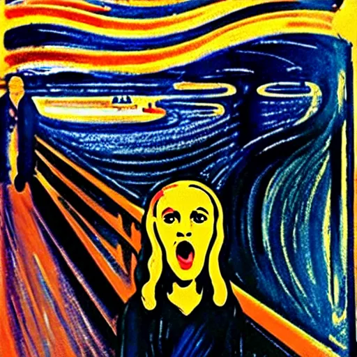 Image similar to the mona lisa screaming with hair on fire by edvard munch