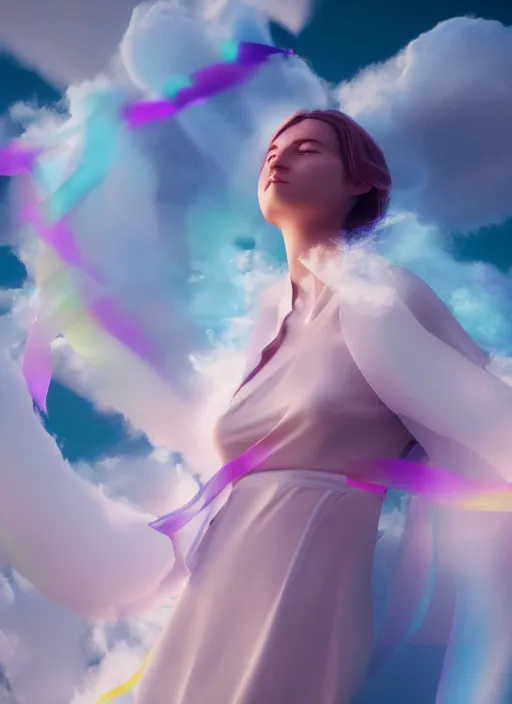 Image similar to female spirit made out of clouds and floating ribbons, spectrum colours, angelic, realistic, cinematic light, volumetric, octane render