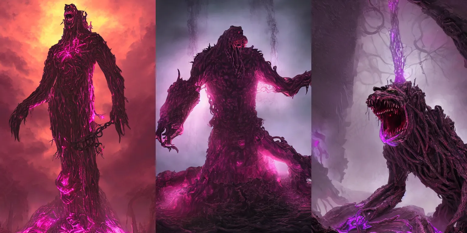 Prompt: Giant demonic abomination statue. Howling. Enchained, chains, restrained. Bloom, volumetric lighting. Purple red lighting. Dark fantasy, digital painting, illustration, HD, 4k, detailed, vibrant, horror, bacteria.