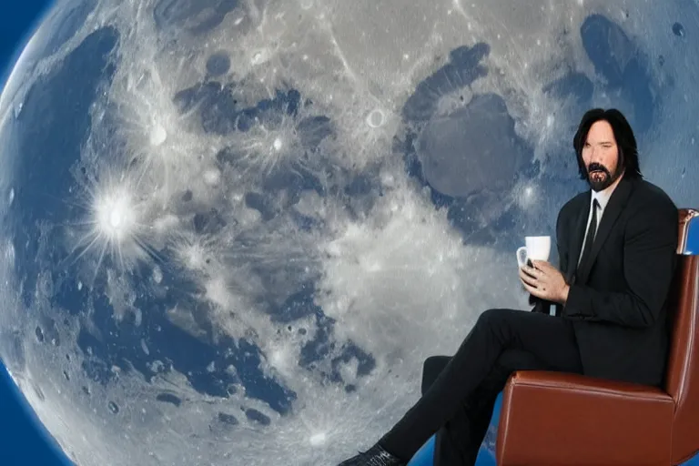 Image similar to Keanu Reeves sitting on a chair and drinking tea and watching the earth on the moon, 4k