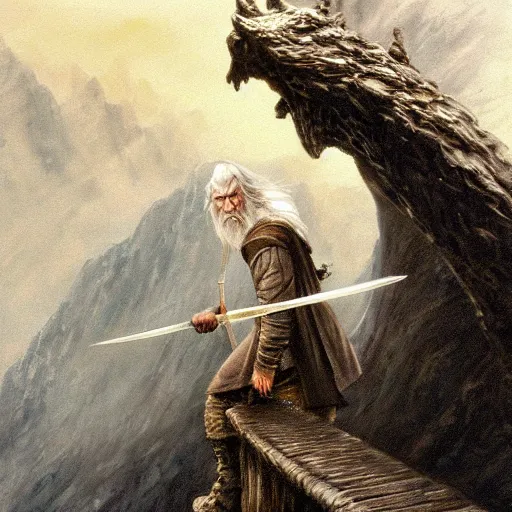 Image similar to beautiful gandalf with a sword in his hand on a bridge fighting the balrog, by alan lee, lord of the rings, smooth, detailed terrain, oil painting, matte painting, concept art, trending on artstation