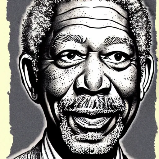 Image similar to a portrait illustration of Morgan Freeman drawn by ROBERT CRUMB