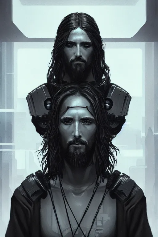 Image similar to a full length portrait of cyberpunk jesus, grim - lighting, high - contrast, intricate, elegant, highly detailed, digital painting, artstation, concept art, smooth, sharp focus, illustration