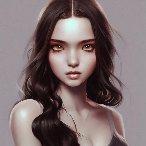 Image similar to teen girl, long black hair, gorgeous round face, brown pollover, amazing, elegant, intricate, highly detailed, digital painting, artstation, concept art, sharp focus, illustration, art by ross tran