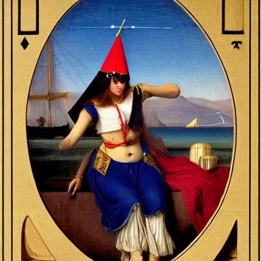 Prompt: A girl with jester hat and clothes on a greek circle archi on the front of a Balustrade with a beach and a sail boat on the background at night, major arcana cards, by paul delaroche and arnold böcklin hyperrealistic 8k, very detailed