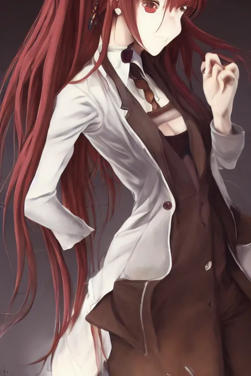 Image similar to highly detailed portrait of makise kurisu from steins gate laying, sensual, labcoat, fantasy art, by hews hack, photorealistic, detailed and intricate environment, trending on booru, trending on pixiv