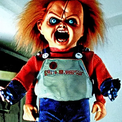 Image similar to Chucky the killer doll from the movie Child's Play leading an army of scary looking evil killer dolls