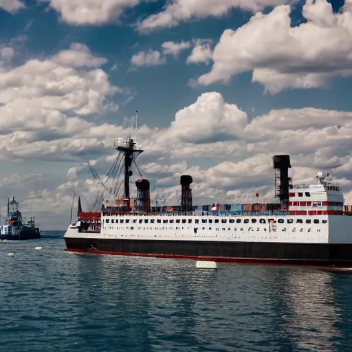 Prompt: photograph of a ship full of graduates, wide shot, sunny day, soft focus