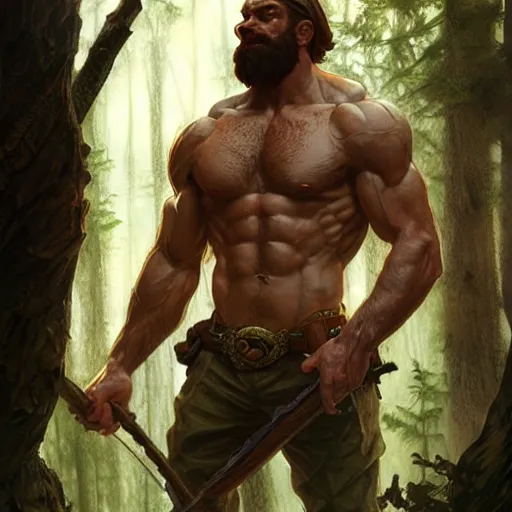 Image similar to Rugged male ranger, muscular, hairy torso, D&D, fantasy, forest, intricate, cinematic lighting, highly detailed, digital painting, artstation, concept art, smooth, sharp focus, illustration, art by Artgerm and Greg Rutkowski and Alphonse Mucha