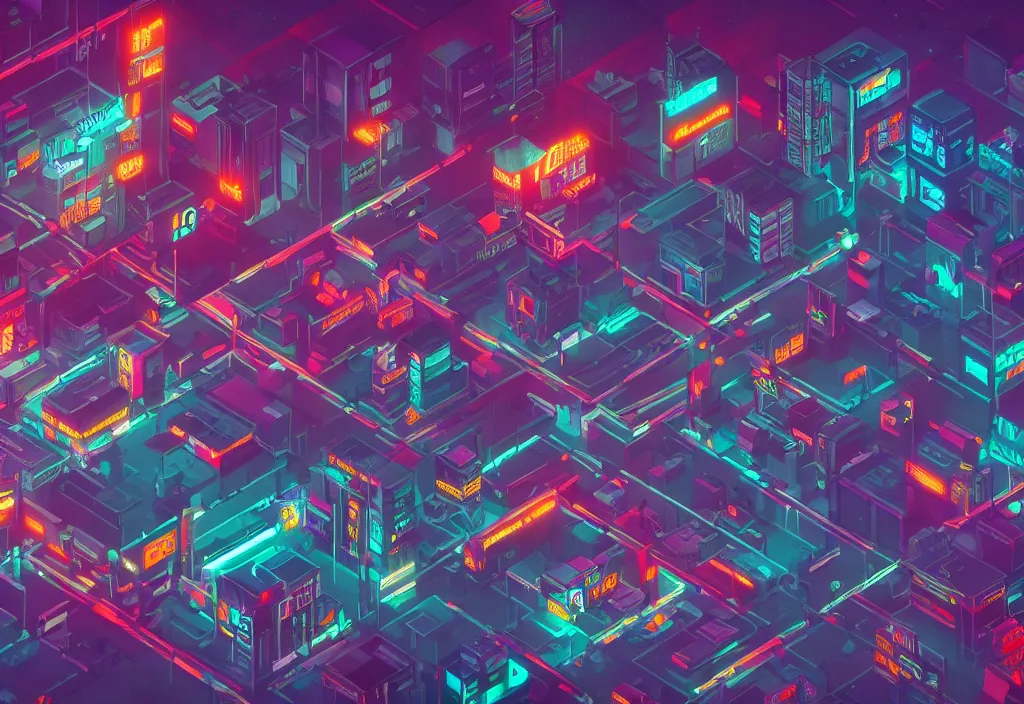 Prompt: a cyberpunk city scape in isometric style, at night with neon lights and advertisements, 4k, deviantart, unreal engine, trending on artstation