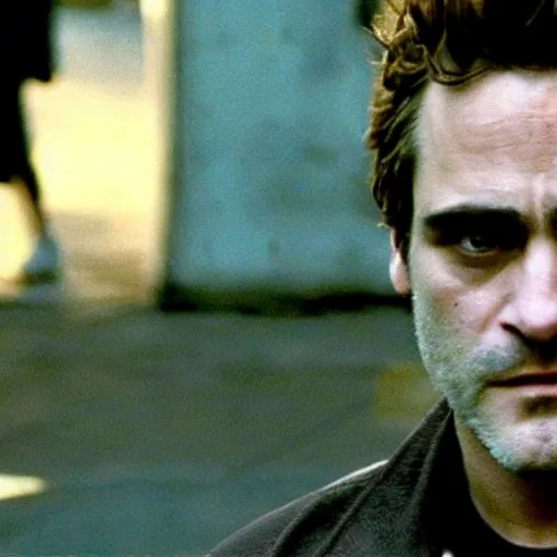 Image similar to joaquin phoenix in the street, in fight club film still cinematography by david fincher