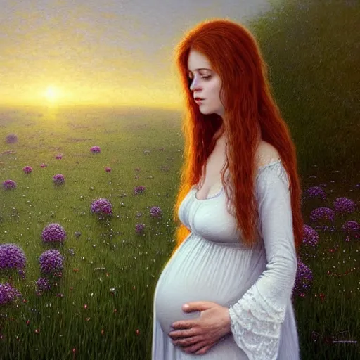 Prompt: extremely detailed and intricate portrait of a pregnant woman with long auburn hair in a white cotton dress pondering life as she watches the sun set, nature, field of wild flowers, deviantart, fantasy art, sunrays shine upon it, deviantart, mystical, art style by zdzistaw beksinski and brian froud and esao andrews and thomas kinkade