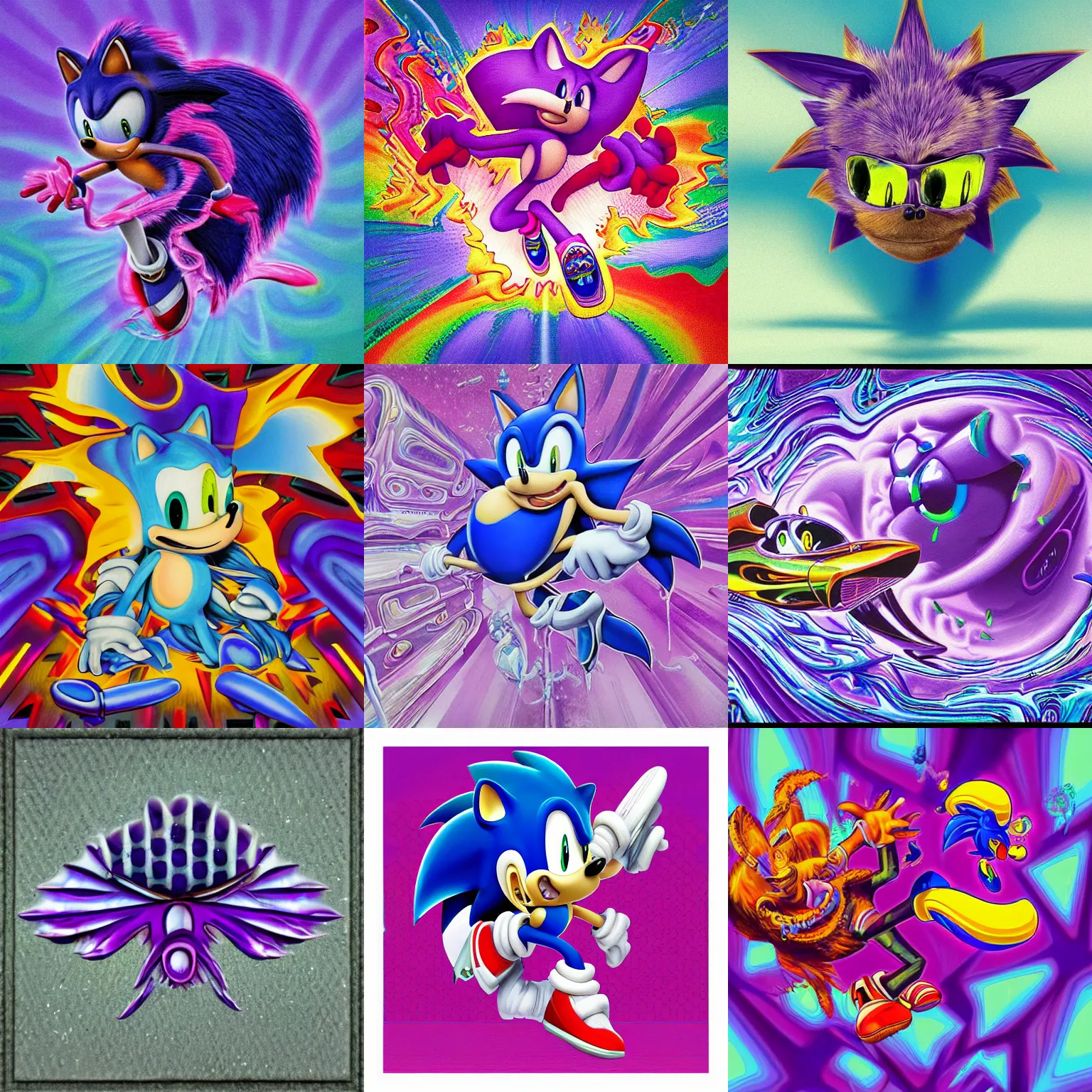 Image similar to surreal, faded, totally radical detailed professional, high quality airbrush art MGMT album cover of a liquid dissolving LSD DMT sonic the hedgehog on a flat purple checkerboard plane, 1990s 1992 prerendered graphics raytraced phong shaded album cover