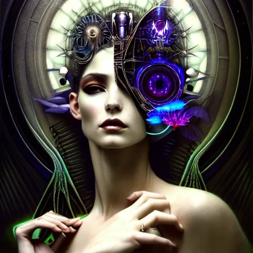 Image similar to extremely psychedelic beautiful cyborg queen of lsd infected by night. intricate, elegant, highly detailed, extremely lifelike photorealistic digital painting, artstation. steichen, gaston bussiere, tom bagshaw, cyberpunk alphonse mucha. elegant minimalism. anatomically correct. sultry. sharp focus. black, white. surreal lush hallucination