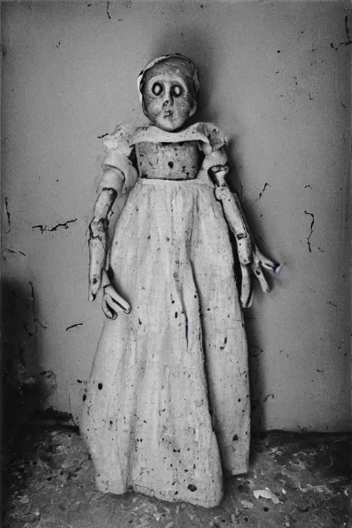 Prompt: dirty cracked screaming vintage doll maggots in eyes in darkly lit dusty basement cobwebs diane arbus photo