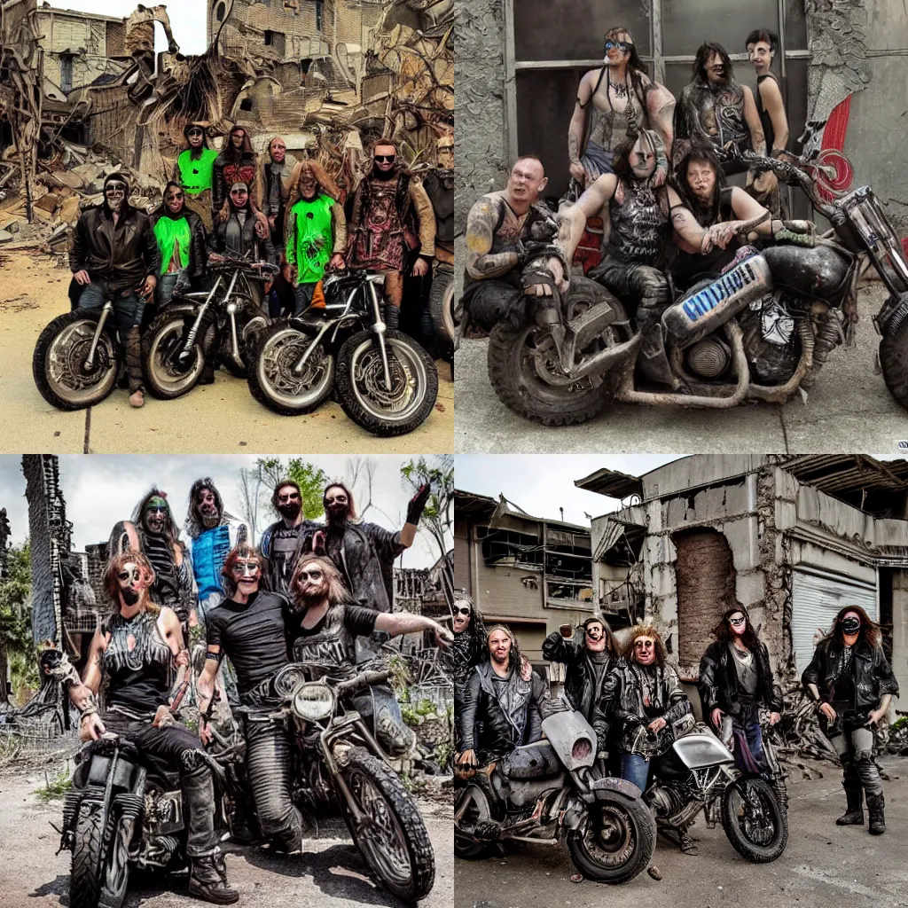 Prompt: psychedelic post-apocalyptic Orcish motorcycle gang posing in front of city ruins, epic