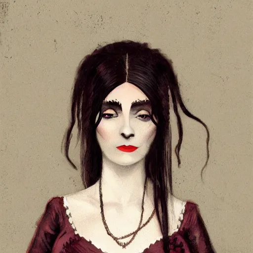 Image similar to head and shoulder professional portrait of a victorian female vampire, painted in the style of bloodborne, muted colors, vampire fashion, highly detailed, melancholy, vampire teeth