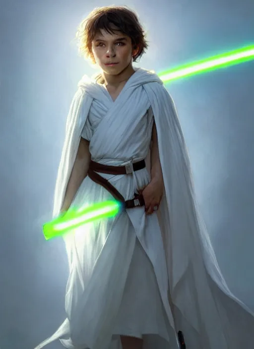 Image similar to perfectly - centered - portrait of a kid wearing white cloak holding light saber, intricate, highly detailed, digital painting, artstation, concept art, smooth, sharp focus, illustration, unreal engine 5, 8 k, art by artgerm and greg rutkowski and alphonse mucha