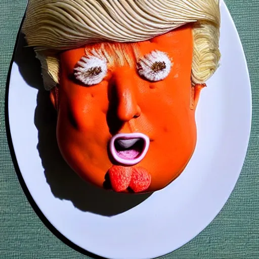 Image similar to edible donald trump made step by step : 1 ) face is made of orange pieces 2 ) hair is made of shredded lemon skin 3 ) suit is made of blueberries and whipped cream 4 ) fine details are filled in using sprinkles, from the beautiful'food art collection ', dslr