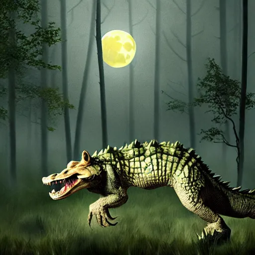 Prompt: Chimera with crocodile body and wolf head in a birch tree swamp howling at a yellowish full moon, photorealistic photoshop artwork