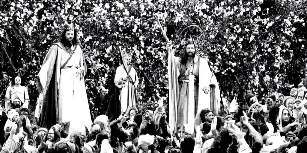 Image similar to 35mm picture of Aragorn being crowned king under the white tree of Minas Tirith, lord of the rings