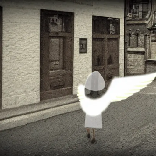 Image similar to a biblically accurate angel floating about in a street seen in a security camera footage, photorealistic