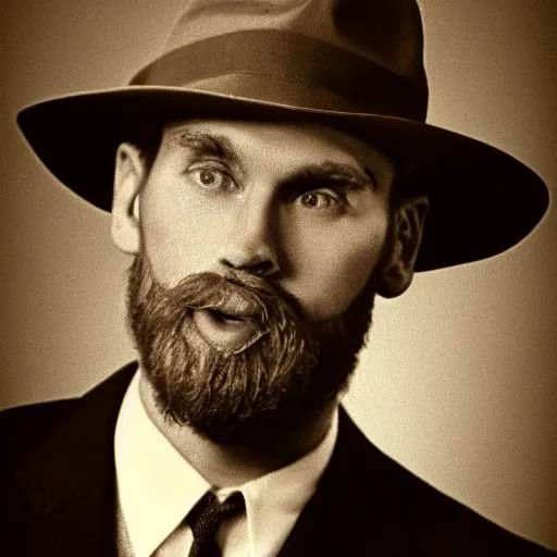 Image similar to A photograph portrait of Jerma985 wearing a suit with and fedora in the 1940s, taken in the early 1940s, grainy, taken on a 940s Kodak Camera, realistic, hyperrealistic, very realistic, highly detailed, very detailed, extremely detailed, detailed, digital art, trending on artstation