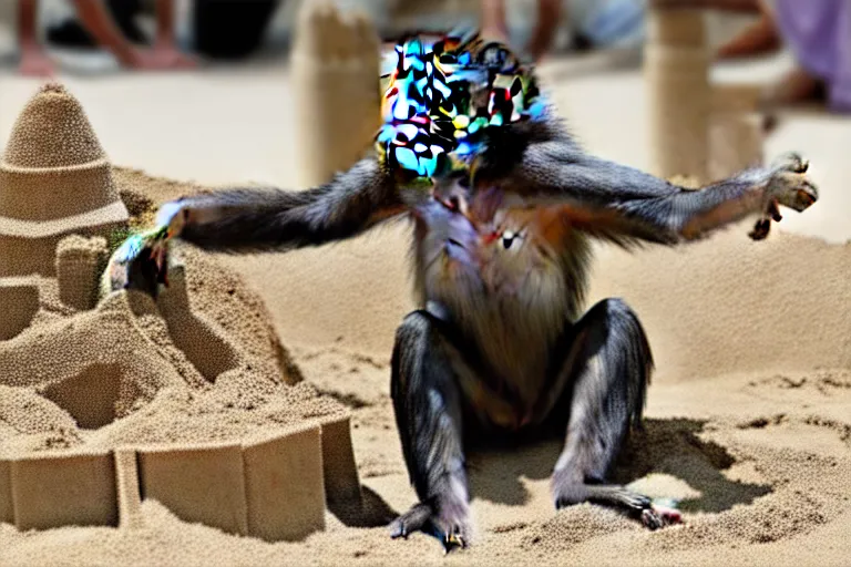 Image similar to a monkey touching a completed sand castle