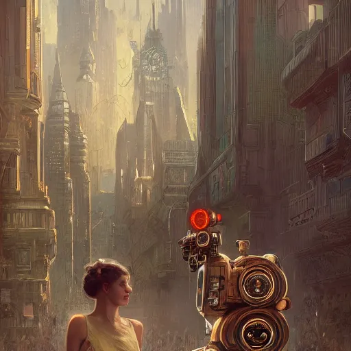 Prompt: retro city with sci-fi robots digital painting, artstation, concept art, soft light, hdri, smooth, sharp focus, illustration, fantasy, intricate, elegant, highly detailed, D&D, matte painting, in the style of Greg Rutkowski and Alphonse Mucha and artemisia, 8k, highly detailed, jurgens, rutkowski, bouguereau, pastoral, rustic, georgic