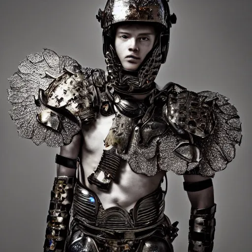 Image similar to a portrait of a beautiful young male wearing an alexander mcqueen armor made of plasma , photographed by andrew thomas huang, artistic