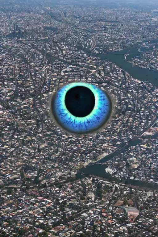 Image similar to giant eyeball!!!!! floating!! behind the clouds above southern california city