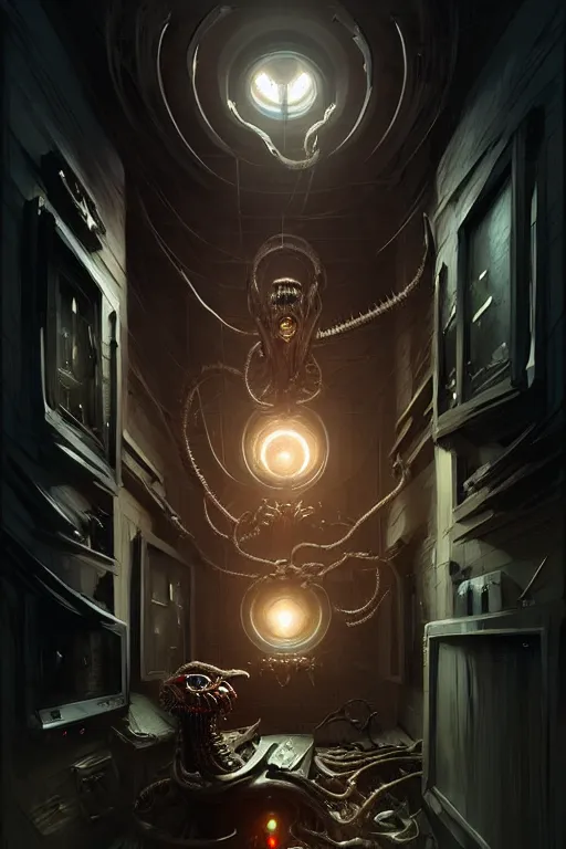 Image similar to professional concept art of a creepy family horrendous mechanical predatory! species in a dark room by artgerm and greg rutkowski. an intricate, elegant, highly detailed digital painting, concept art, smooth, sharp focus, illustration, in the style of cam sykes.