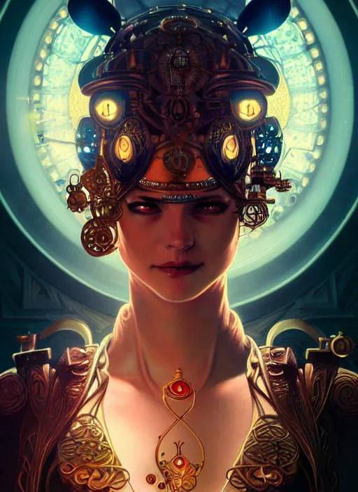 Image similar to the goddess artemis smirking, steampunk, glowing eyes, volumetric lights, red and cyan theme, art nouveau botanicals, intricate, highly detailed, digital painting, artstation, concept art, smooth, sharp focus, cinematic, illustration, beautiful face, art by artgerm and greg rutkowski and alphonse mucha