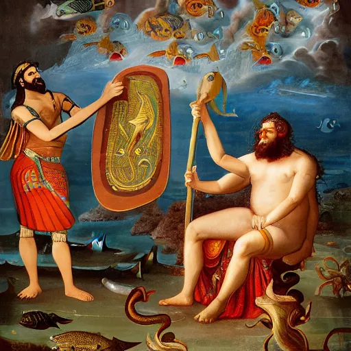 Image similar to The performance art shows a mythological scene. A large, bearded man is shown seated on a throne, surrounded by sea creatures. He has a trident in one hand and a shield in the other. Behind him is a large fish, and in front of him are two smaller creatures. Ancient Egyptian, azure by John Wilhelm, by William Gropper haunting