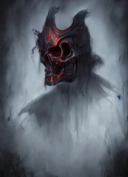 Image similar to the ghost - spirit of the grim - hatter wears the scarlet skull armor and blood crown, midnight fog - mist!, dark oil painting colors, realism, cinematic lighting, various refining methods, micro macro autofocus, ultra definition, award winning photo