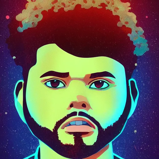 Prompt: the weeknd by studio ghibli, digital art, sharp focus, 4 k, ambient lighting, foggy, neon