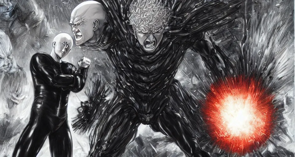 Image similar to one punch man vs donald trump by h. r. giger and greg rutkowski - elden ring