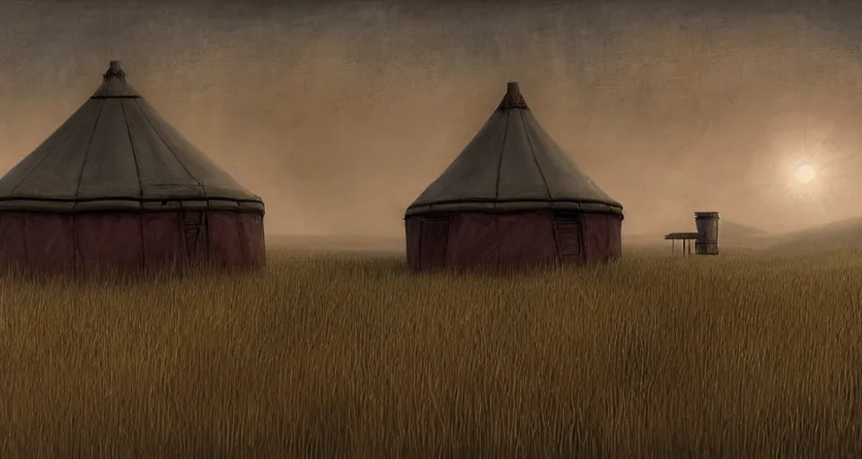 Image similar to night, yurt, in the steppe, summer field, misty background, rusty building constructions of spiral upside - down stairs on background, from the game pathologic 2, highly detailed, sharp focus, matte painting, by isaac levitan and asher brown durand,